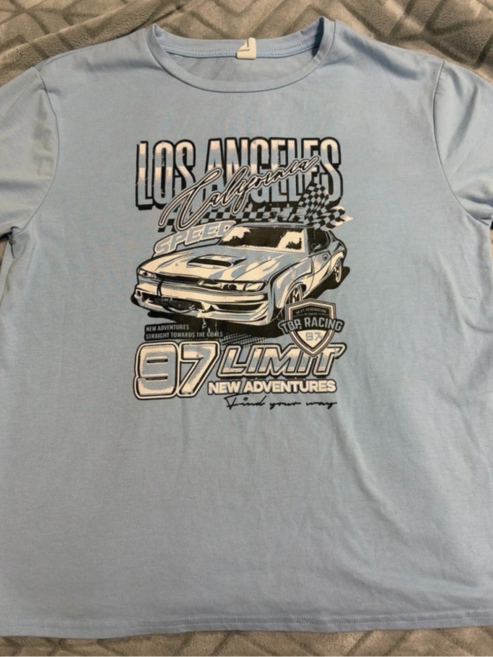 SHEIN Light Blue Short-Sleeve Graphic Tee with Racing Car Print